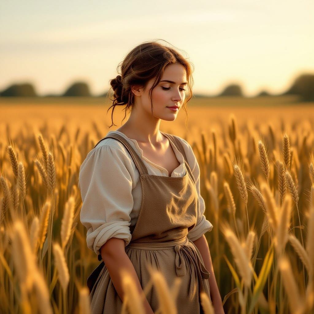 19th Century French Peasant Woman in Wheat Field