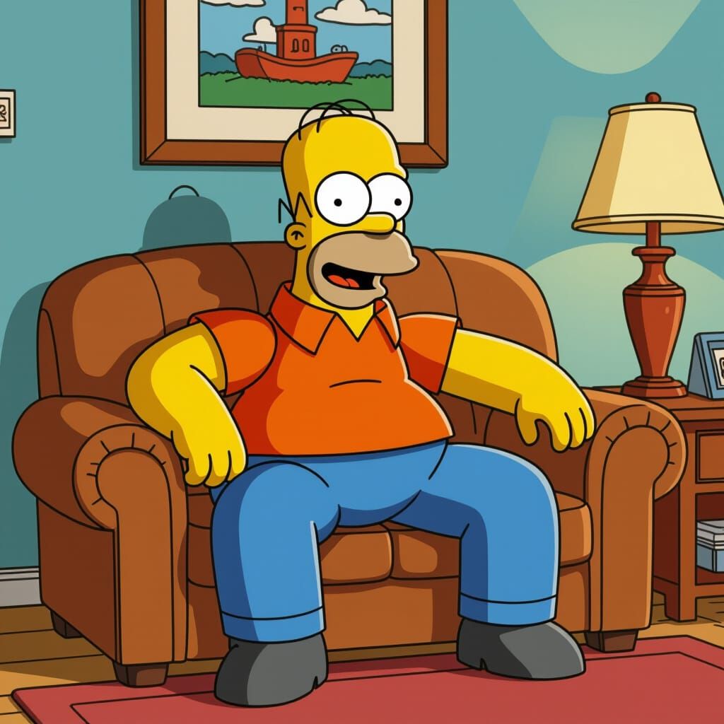 Homer Simpson on the Couch in 2D Cartoon Style