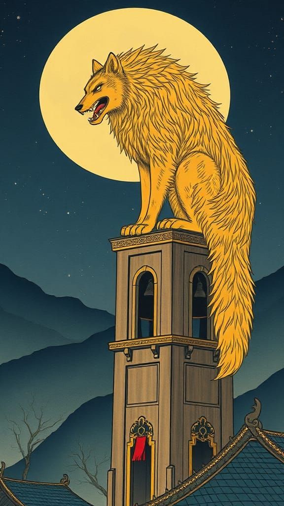 A giant golden werewolf perches on the top of a bell tower, observing the village below in the light of the full moon.
S...