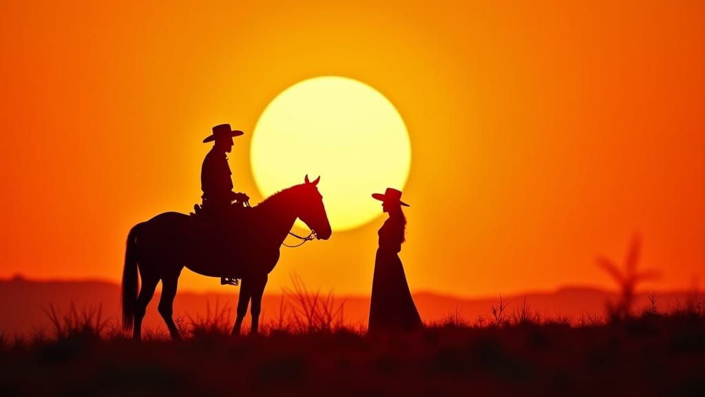 Silhouetted Cowboy and Woman at Sunset