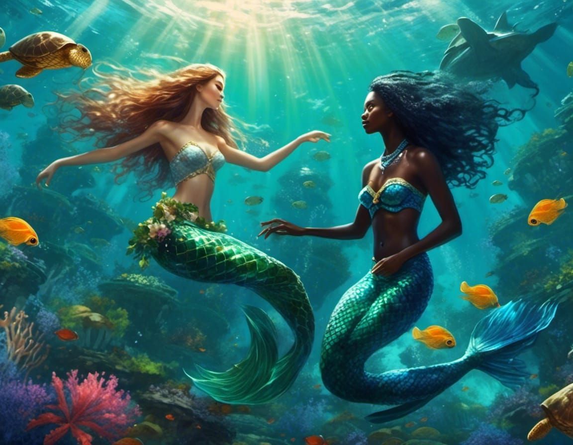Mermaids Swimming with Turtles and Exotic Fish