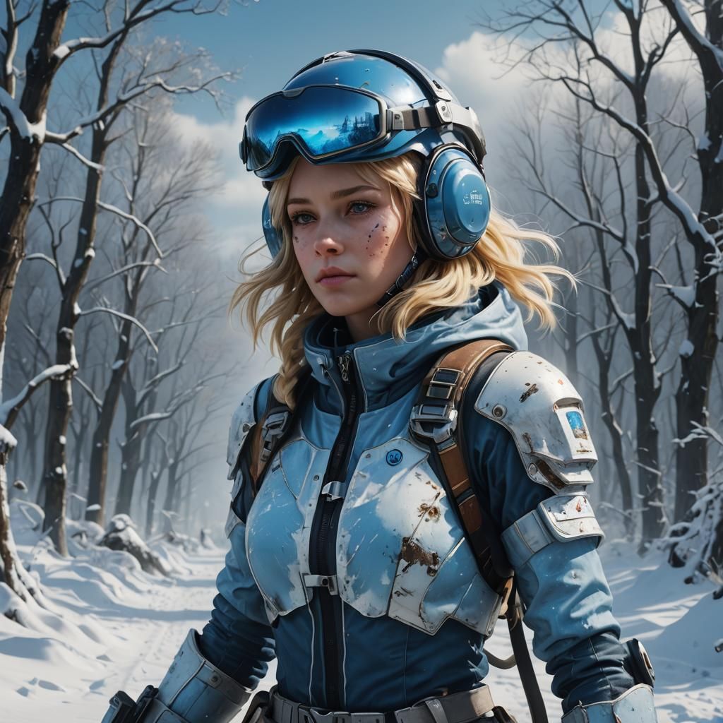 Hyperrealistic Woman in Snow with Gas Mask