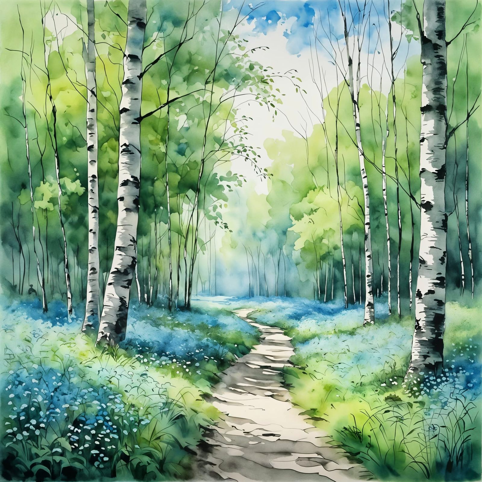Serene Birch Forest in Watercolor and Ink