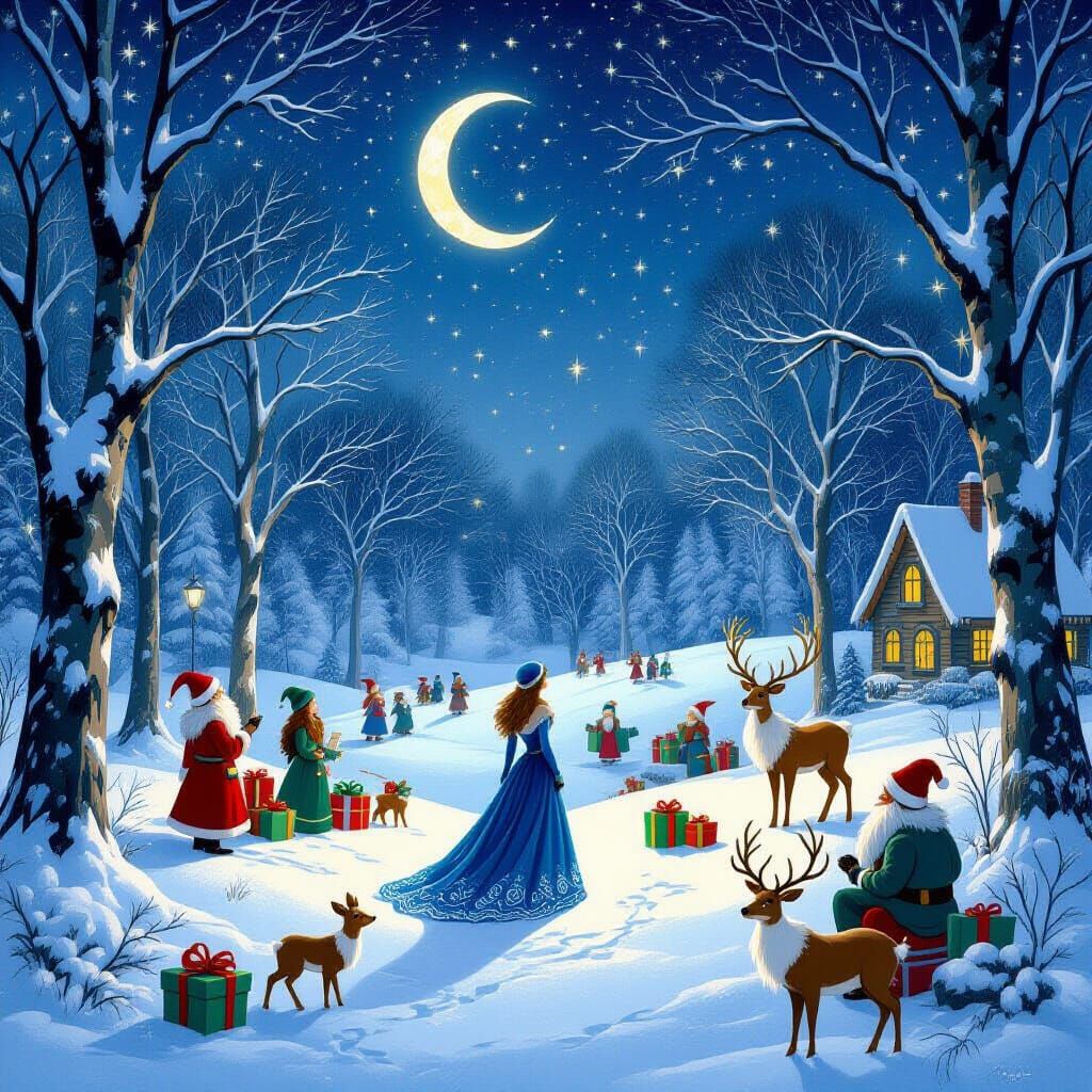 Magical Christmas Forest Scene With Romantic Moonlight