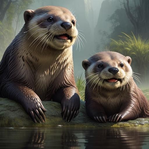 Happy Otters in Natural Habitat: Digital Matte Painting