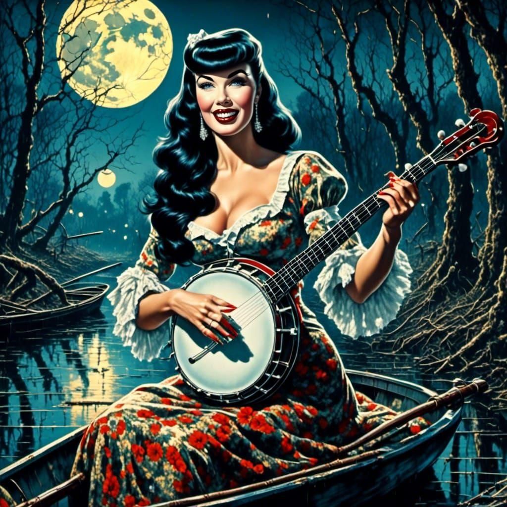 Banjo Player in Moonlit Swamp: Photorealistic Oil Painting