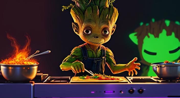 Ghibli Groot Cooks Mexican Cuisine in Neon Style