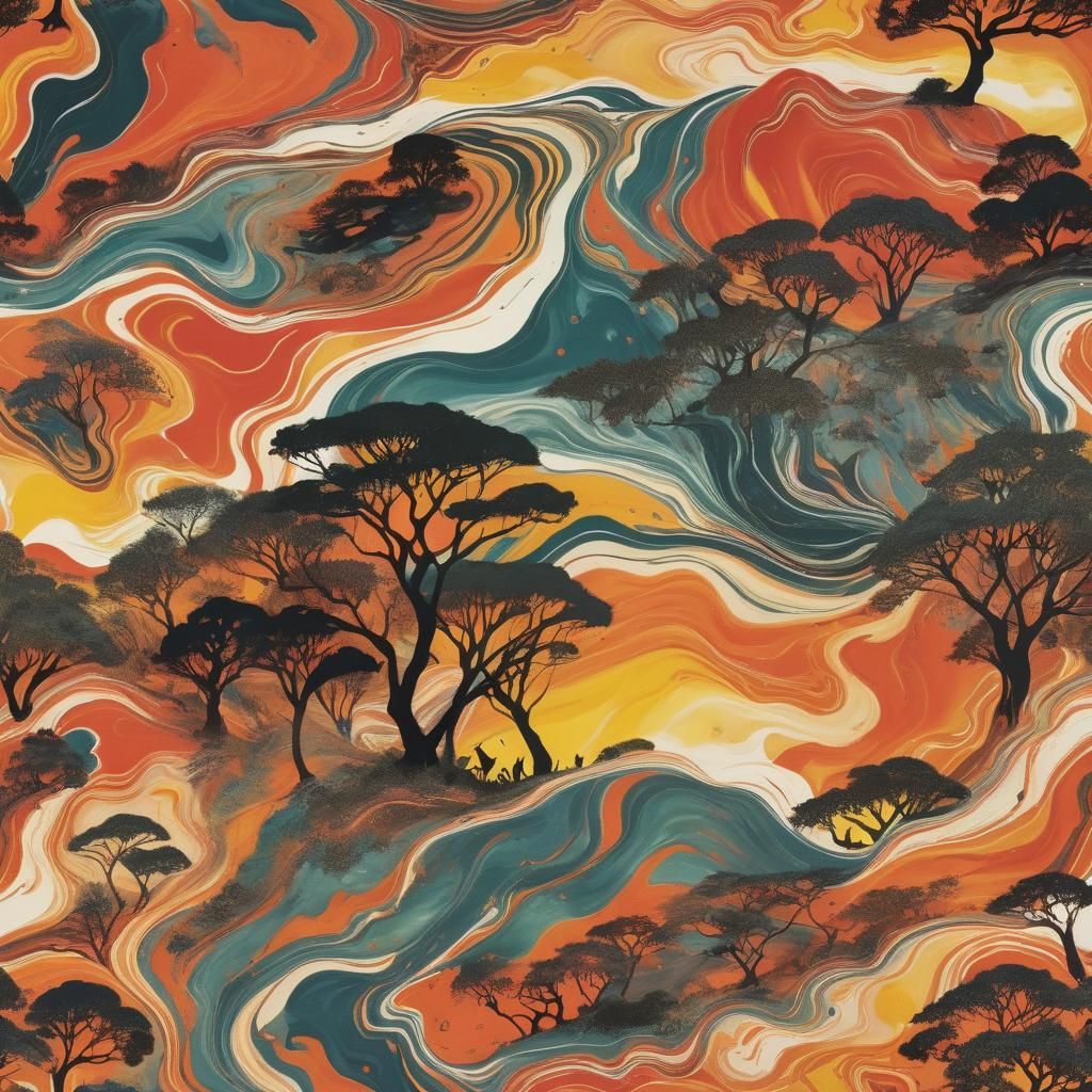 Suminagashi marbling abstract African Safari at sunset warm ...