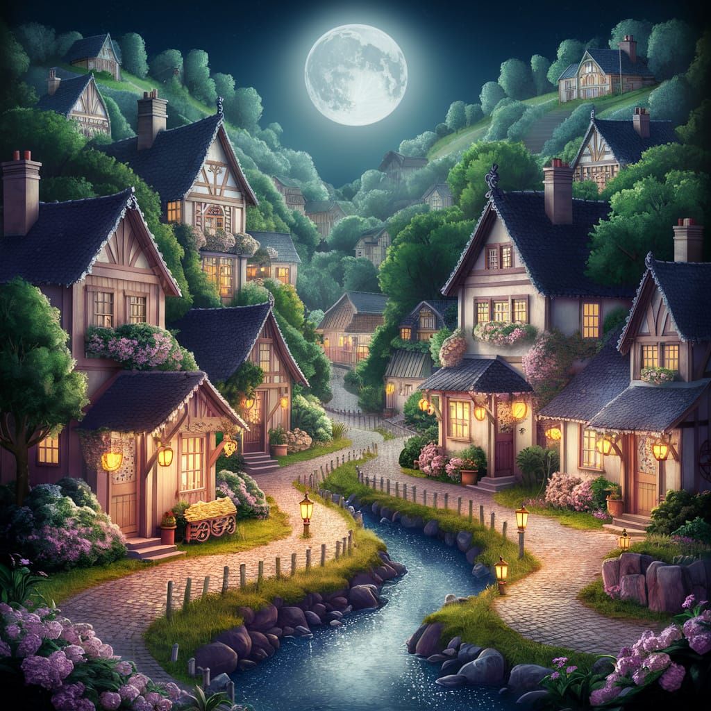 Charming Countryside Village Illustration under Moonlight