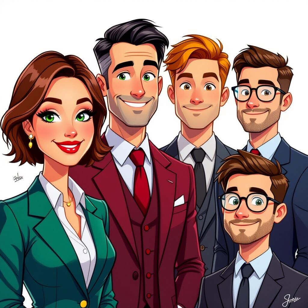 Energetic Caricature Portrait of Five Colleagues