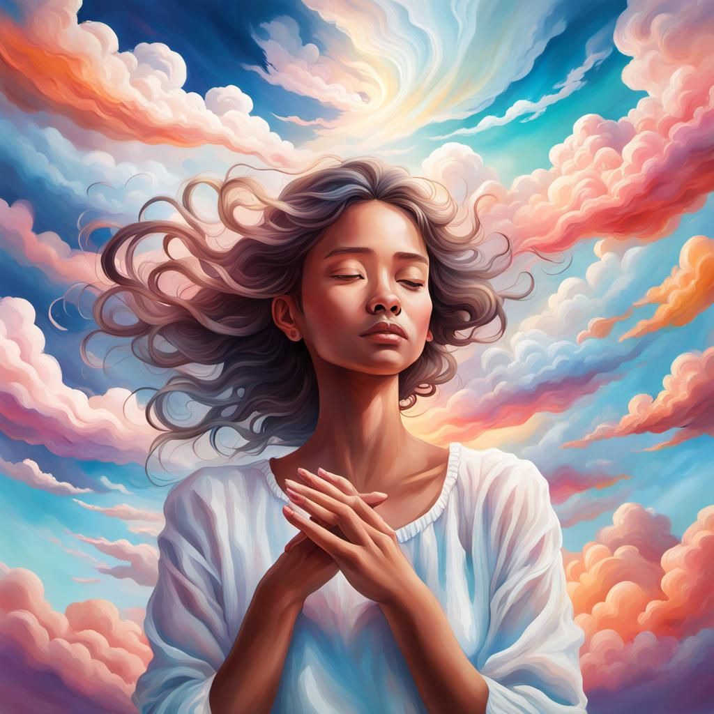 Woman Holding Clouds in Hyperrealistic Splash Art