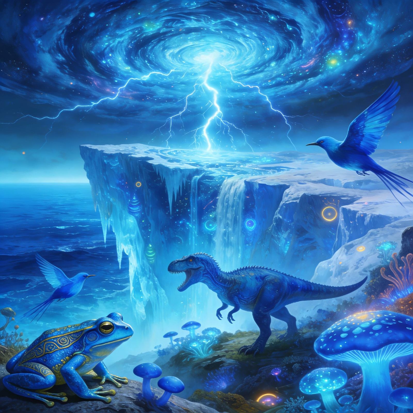 Surreal Blue Landscape with Frogs, Birds, and Dinosaur