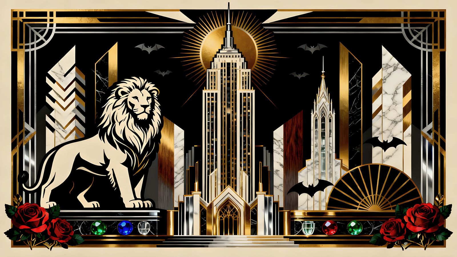 Art Deco Lion with Roses and Cathedral Forms