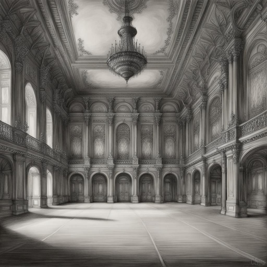 Hyperdetailed Charcoal Drawing of Palace Ballroom