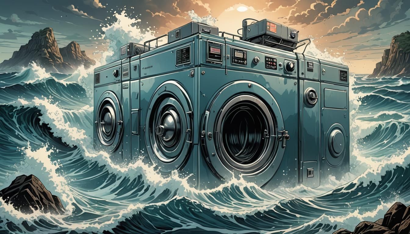 Giant Washing Machine in Ocean: Comic Book Art