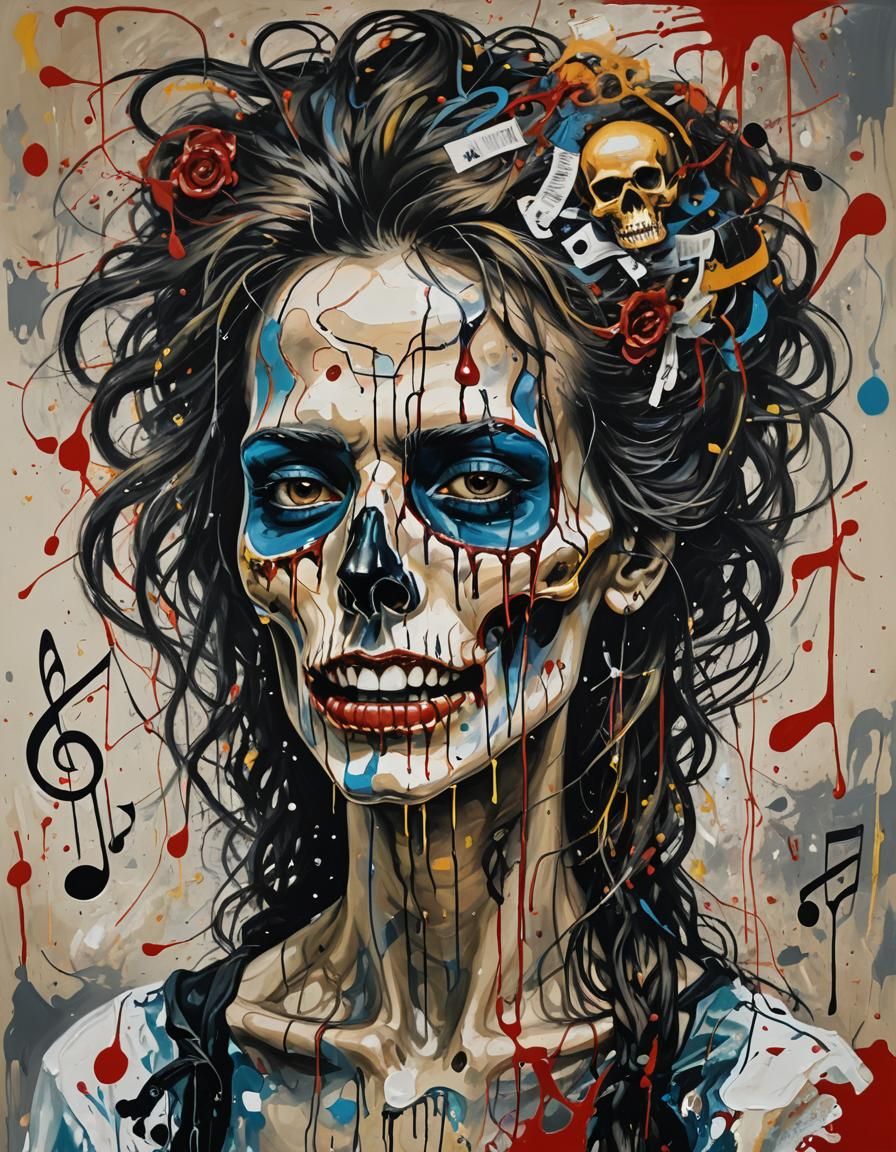 Skull-Faced Punk Rockstar in Surreal Oil Painting