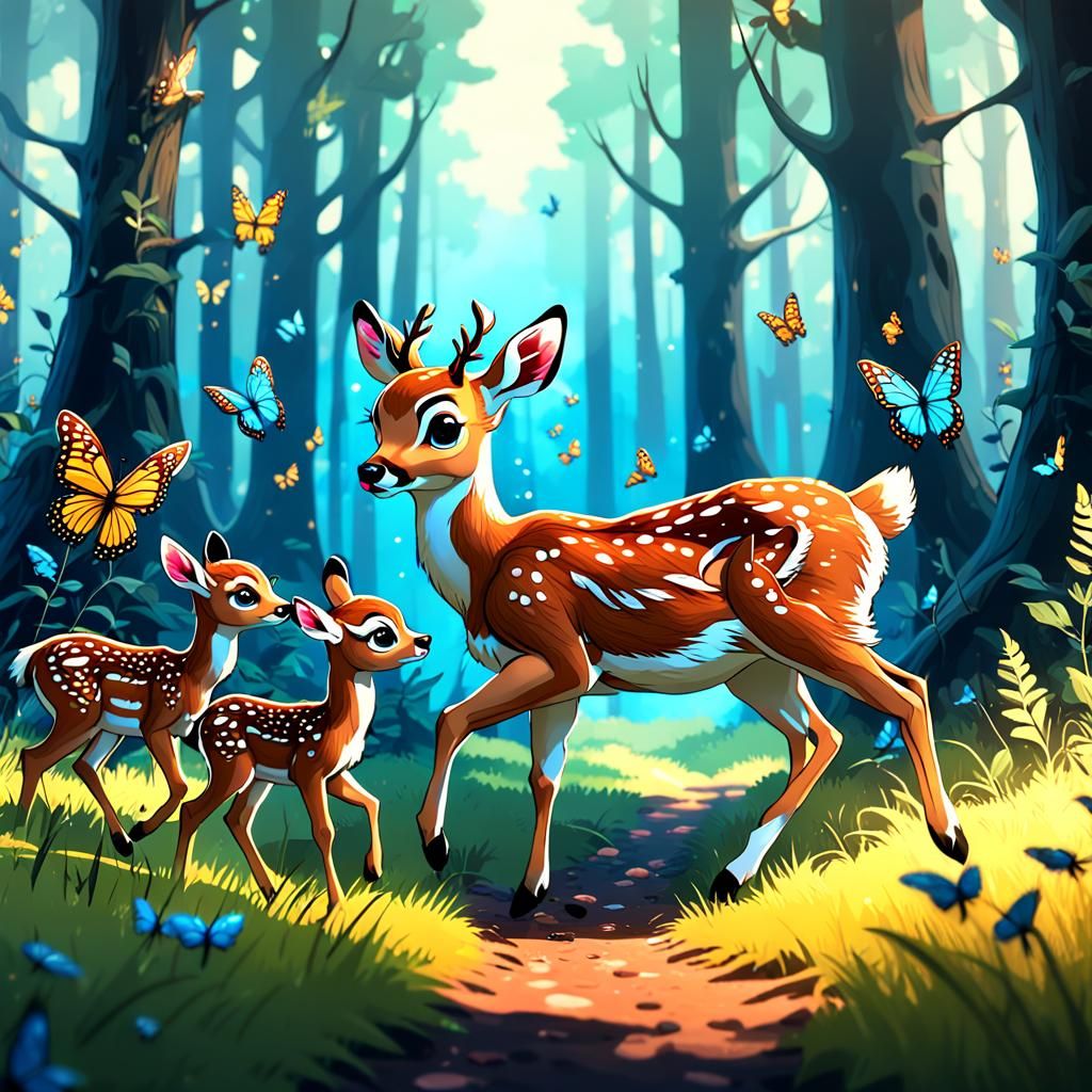 Playful Fawns Chase Butterflies in Forest