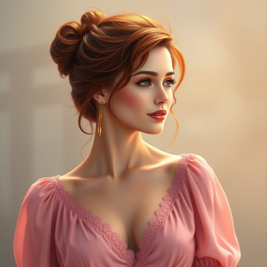A romantic and elegant digital portrait created with acrylic and vivid oils of a beautiful woman with softly tousled red...