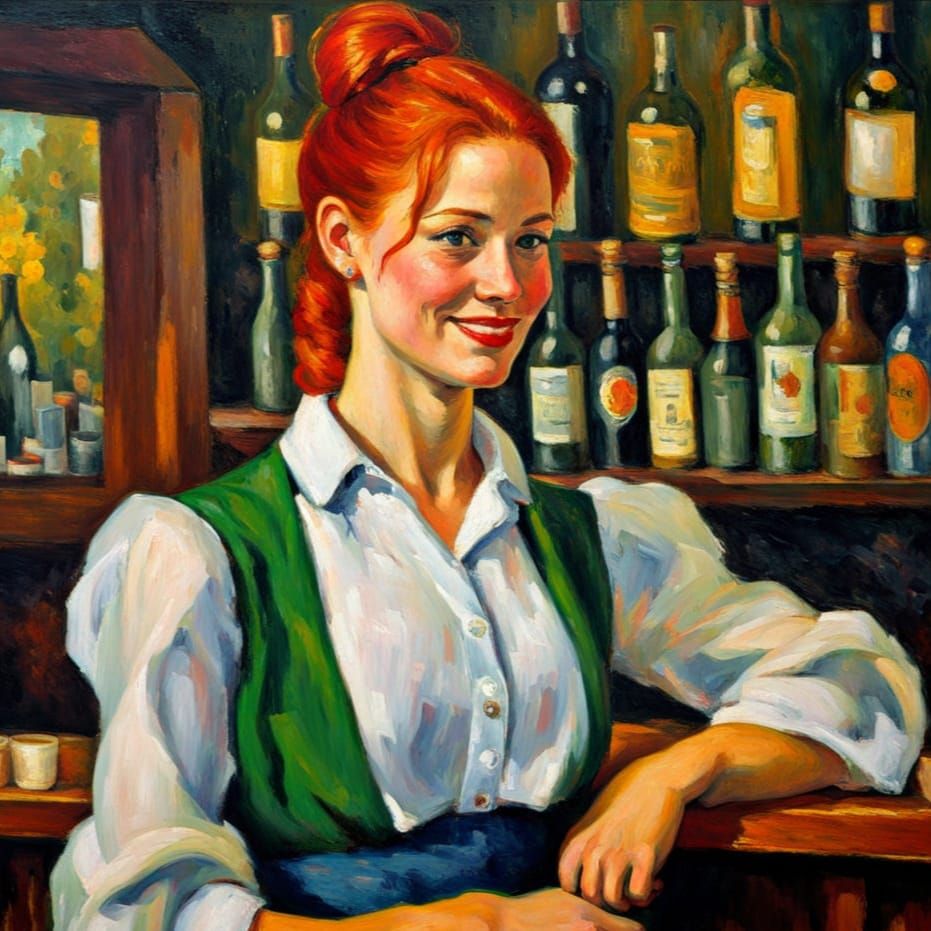 Redheaded Woman in an Irish Pub, in the Style of Cézanne
