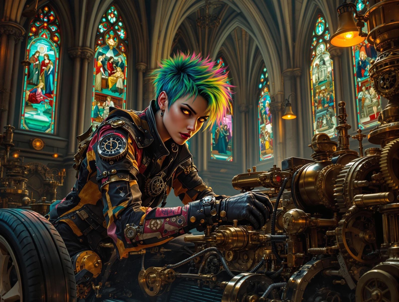 Dieselpunk Mechanic Tuning Roadster in Gothic Cathedral
