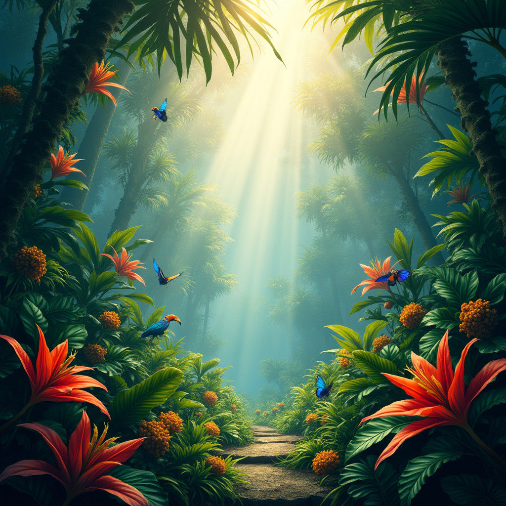 Lush Rainforest Canopy View in Ethereal Style