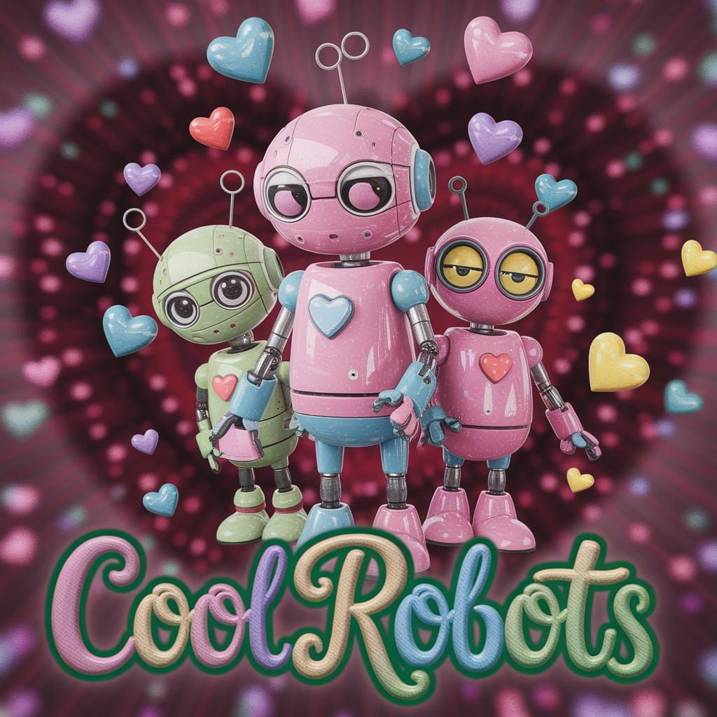 Three cute pastel robots, pink blue green, with 3d raised text that says "cool robots" surrounded by pastel hearts an as...