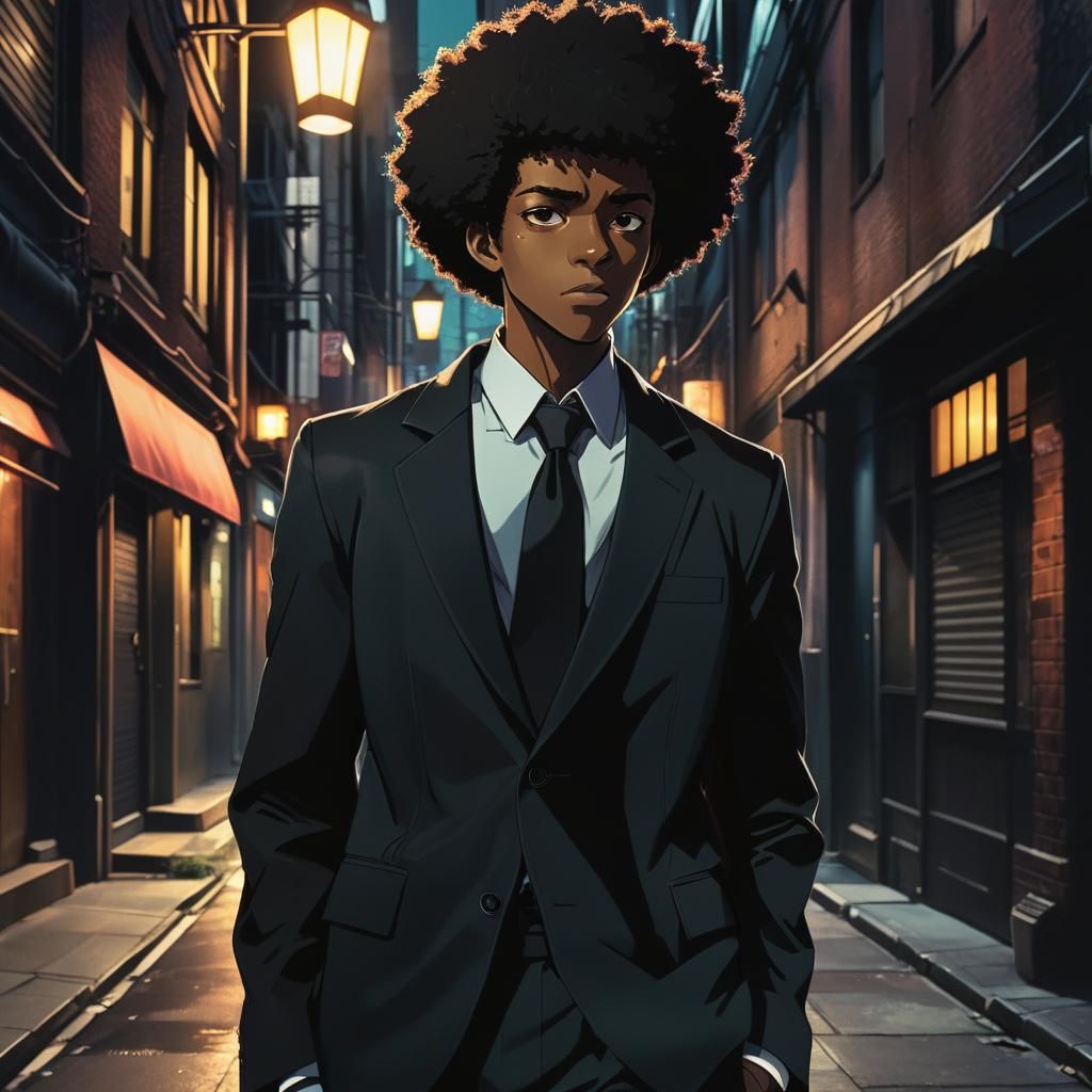 Anime Portrait of Black Teen in Suit, Cel-Shaded Style