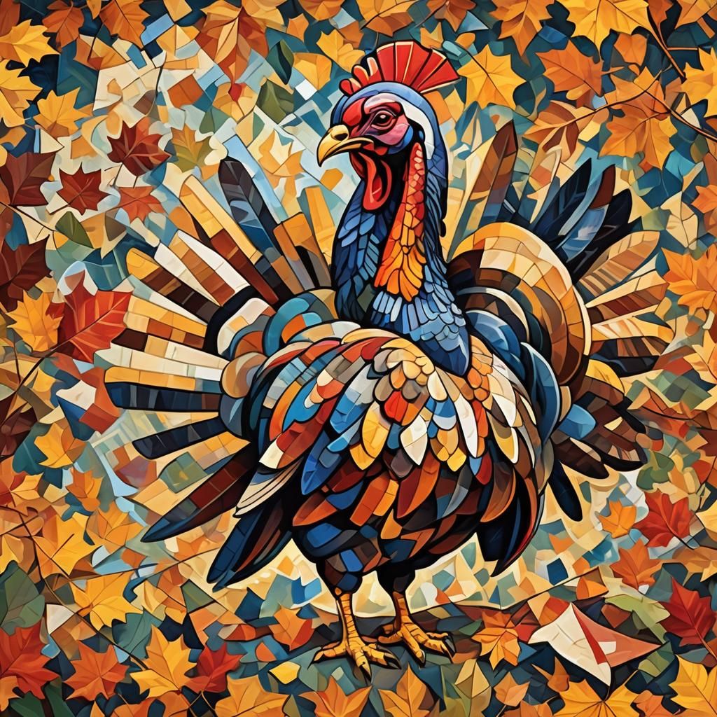 Cubist Turkey in Autumn Leaves