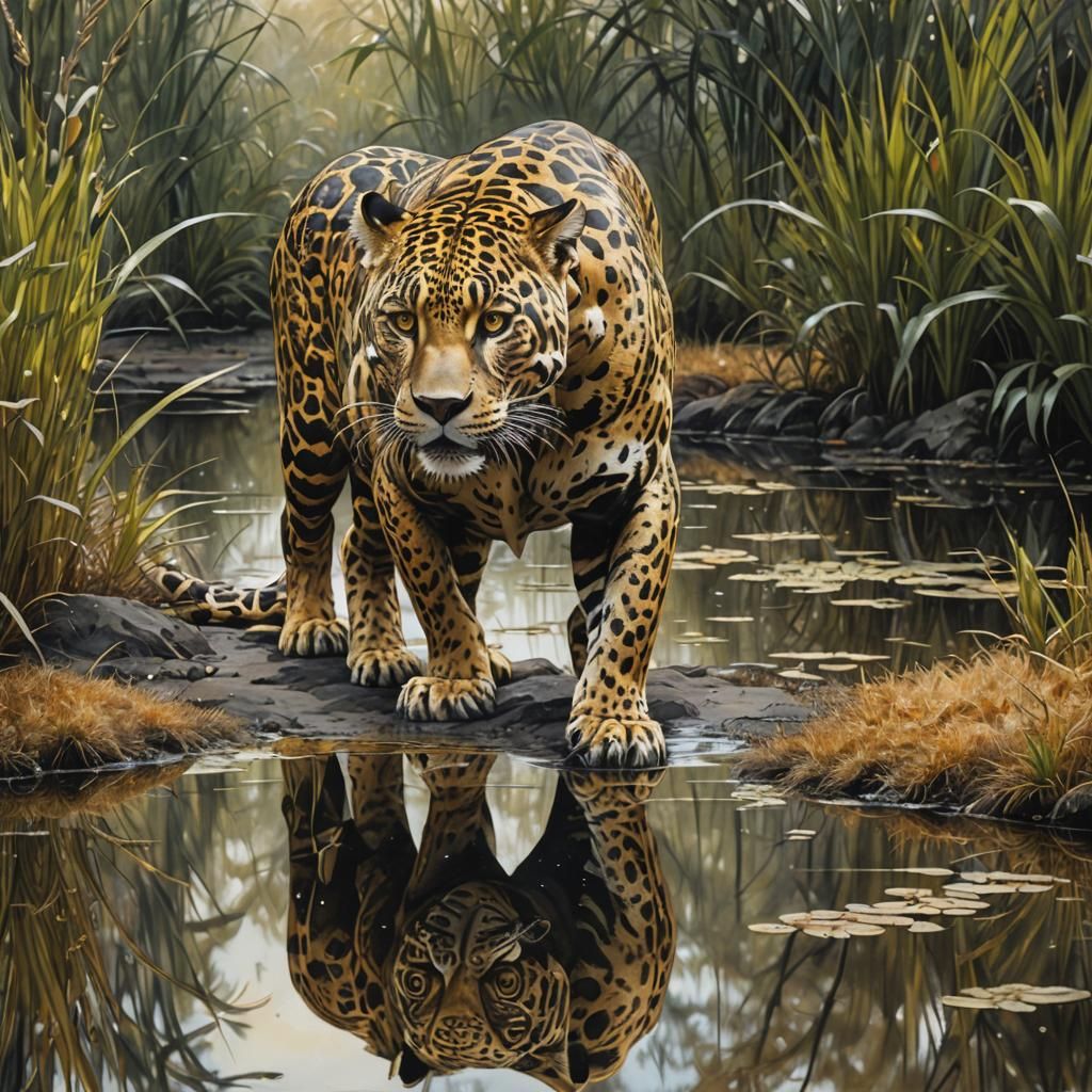 Golden Jaguar's Mirrored Reflection in Watercolor Sci-Fi