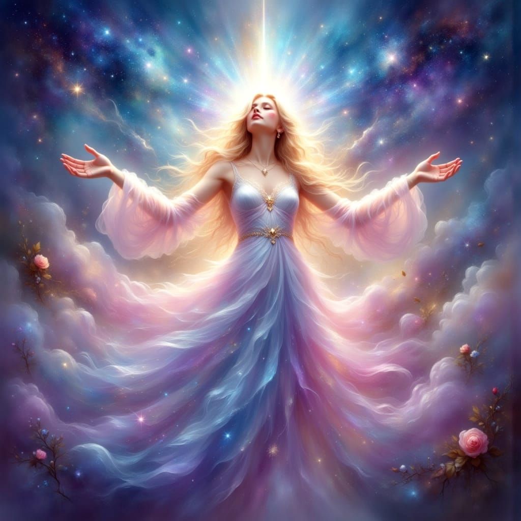 Radiant Goddess Blessing Cosmic Sky in Digital Painting