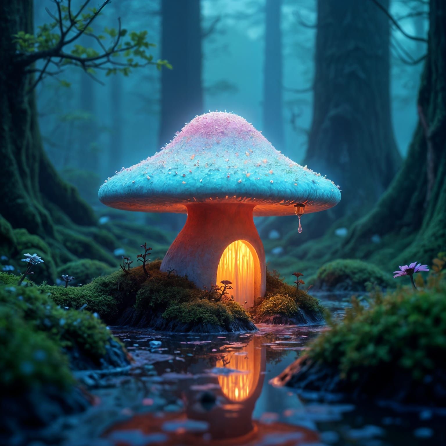 Enchanted Fairy Mushroom House in Bioluminescent Forest