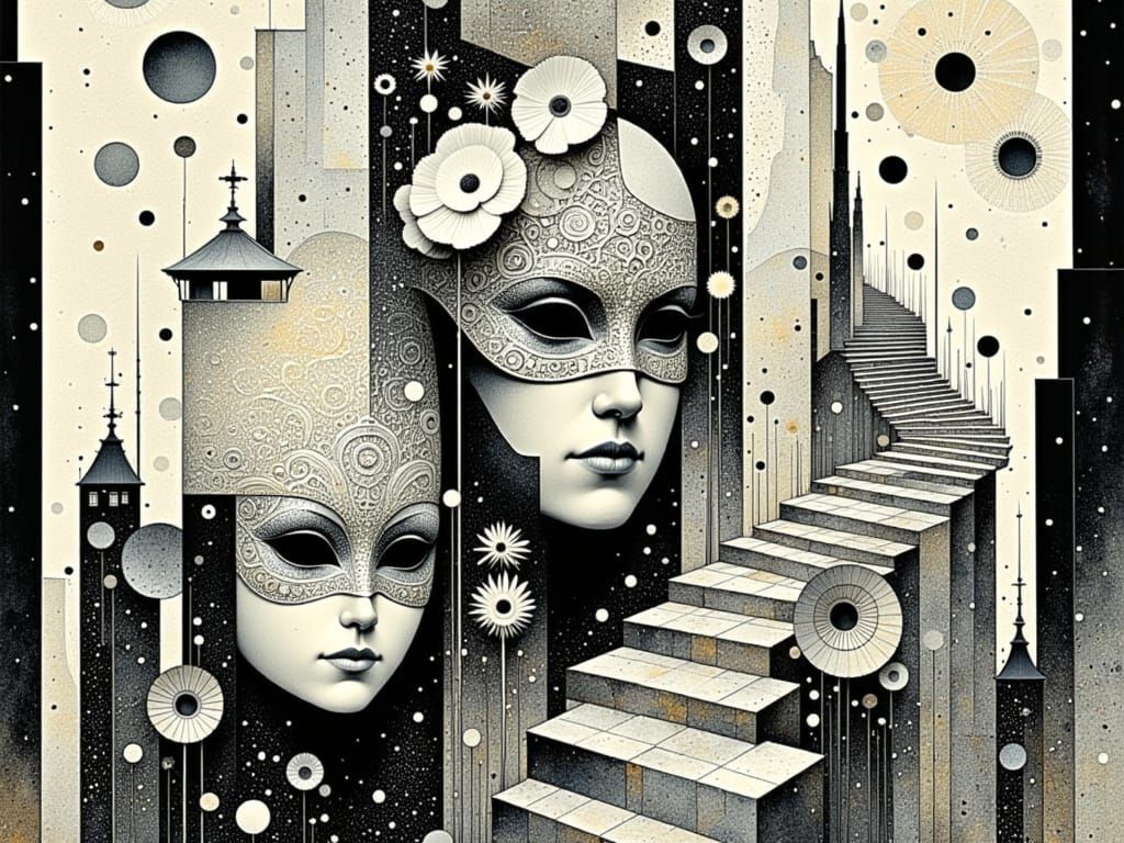 Surrealist Carnival Masquerade in Escher-Inspired Metropolis