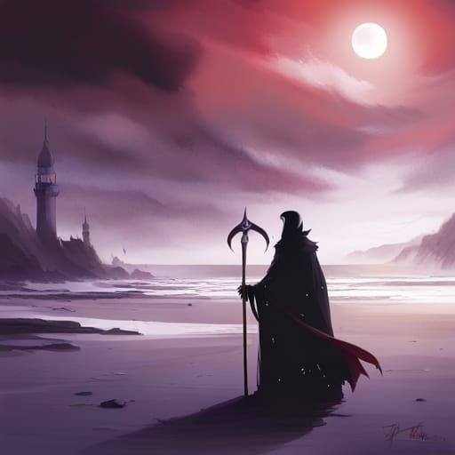 Shadow Figure with Scythe on Foggy Beach