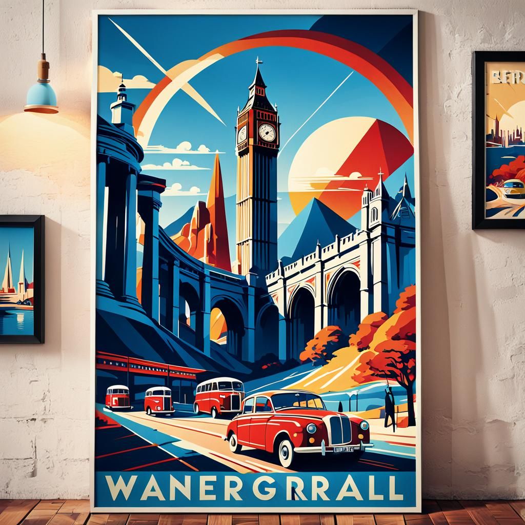 Retro Travel Poster of British Landmarks in Art Deco Style