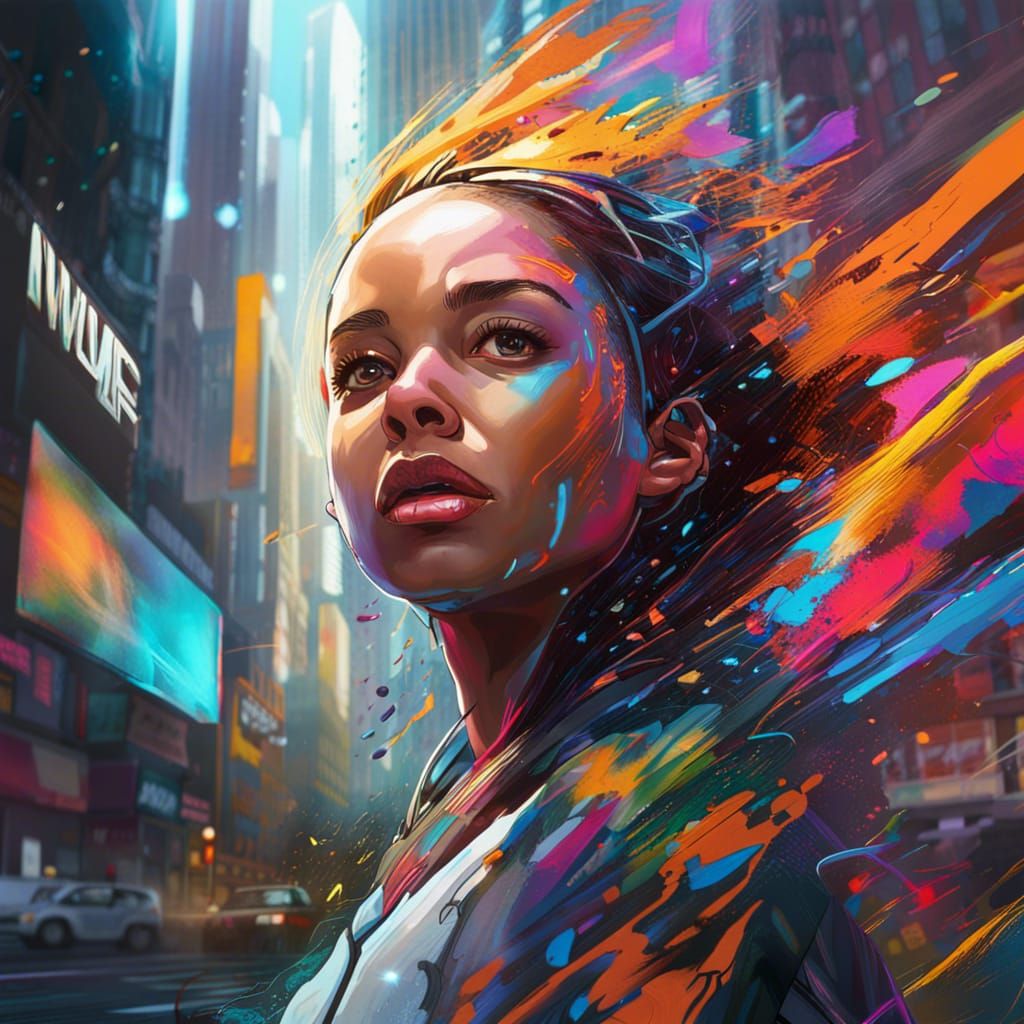 Vibrant Dystopian Cityscape in Hyperrealism