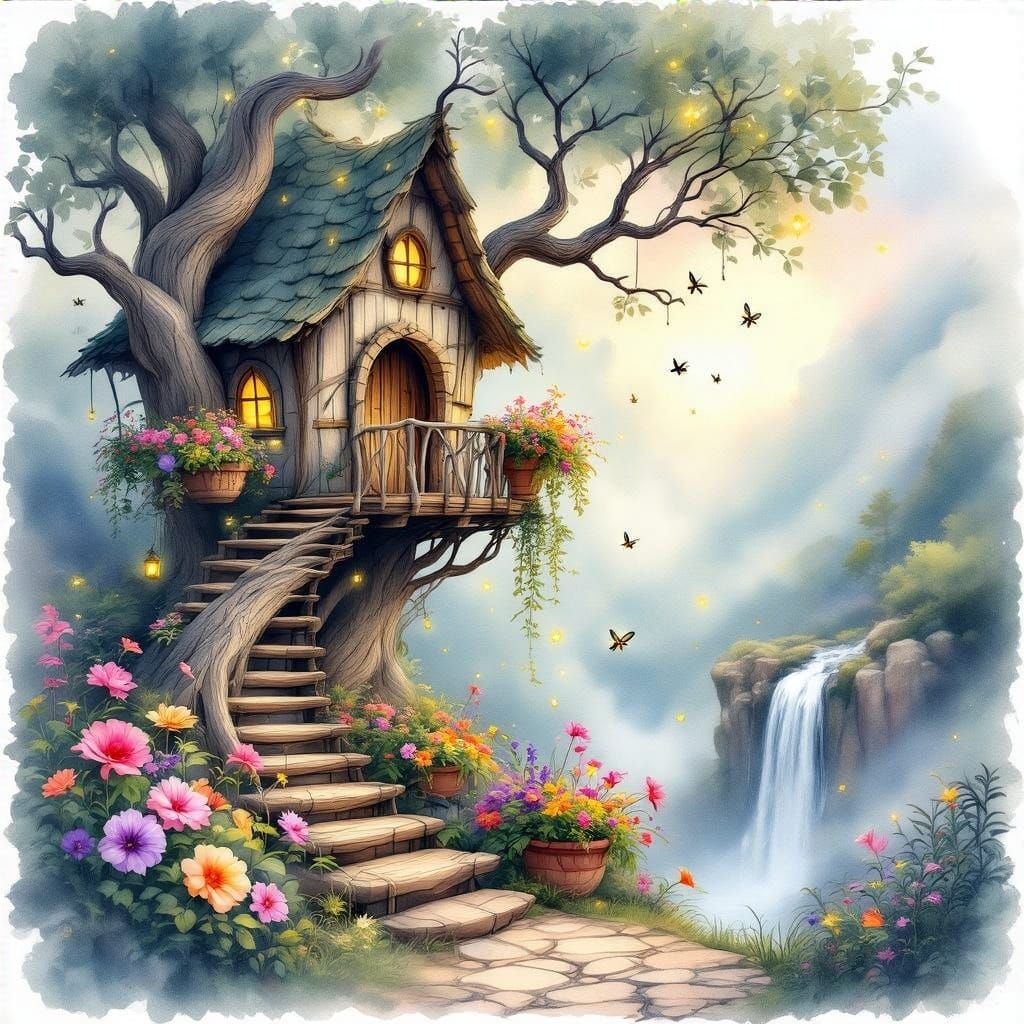 Whimsical Treehouse in Dreamy Watercolor