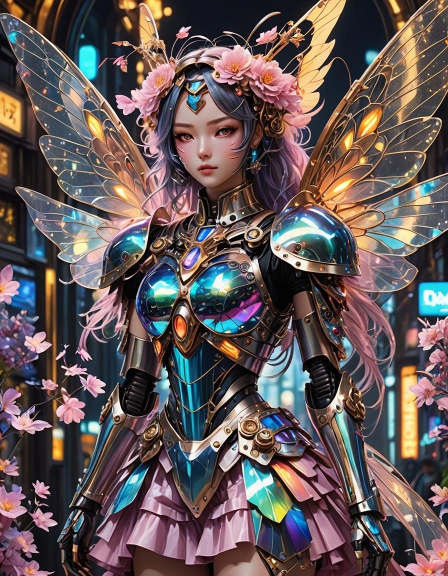 Cyborg Magical Girl with Neon Metropolis Background