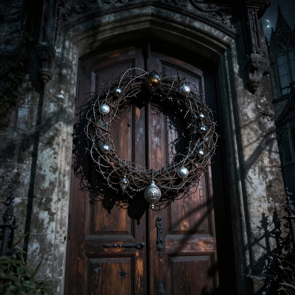Gothic Mansion Door with Barbed Wire Wreath