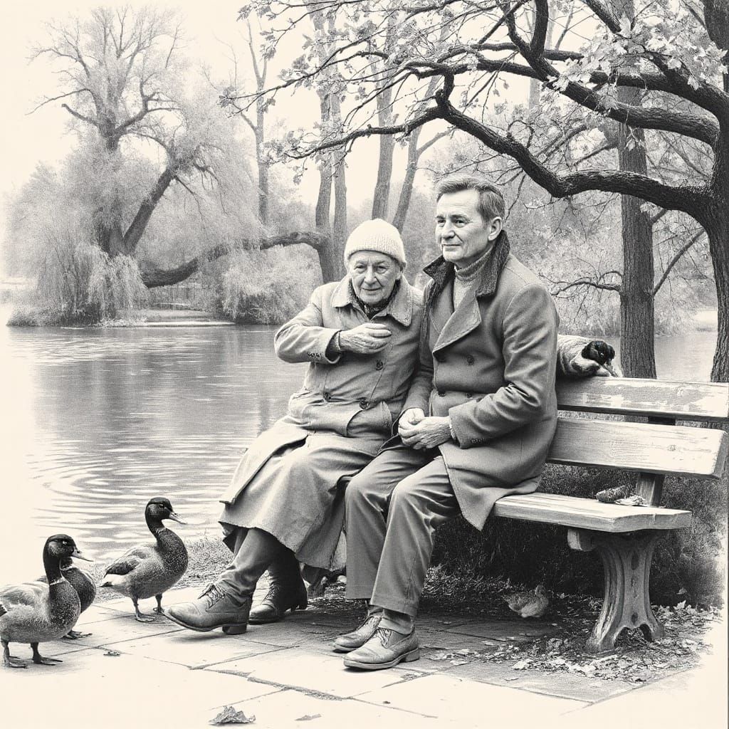 Elderly Couple in Dreamy Charcoal Park Scene
