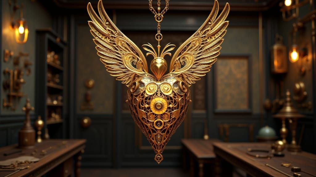 Clockwork Heart with Brass Wings in Nouveau-Deco Style