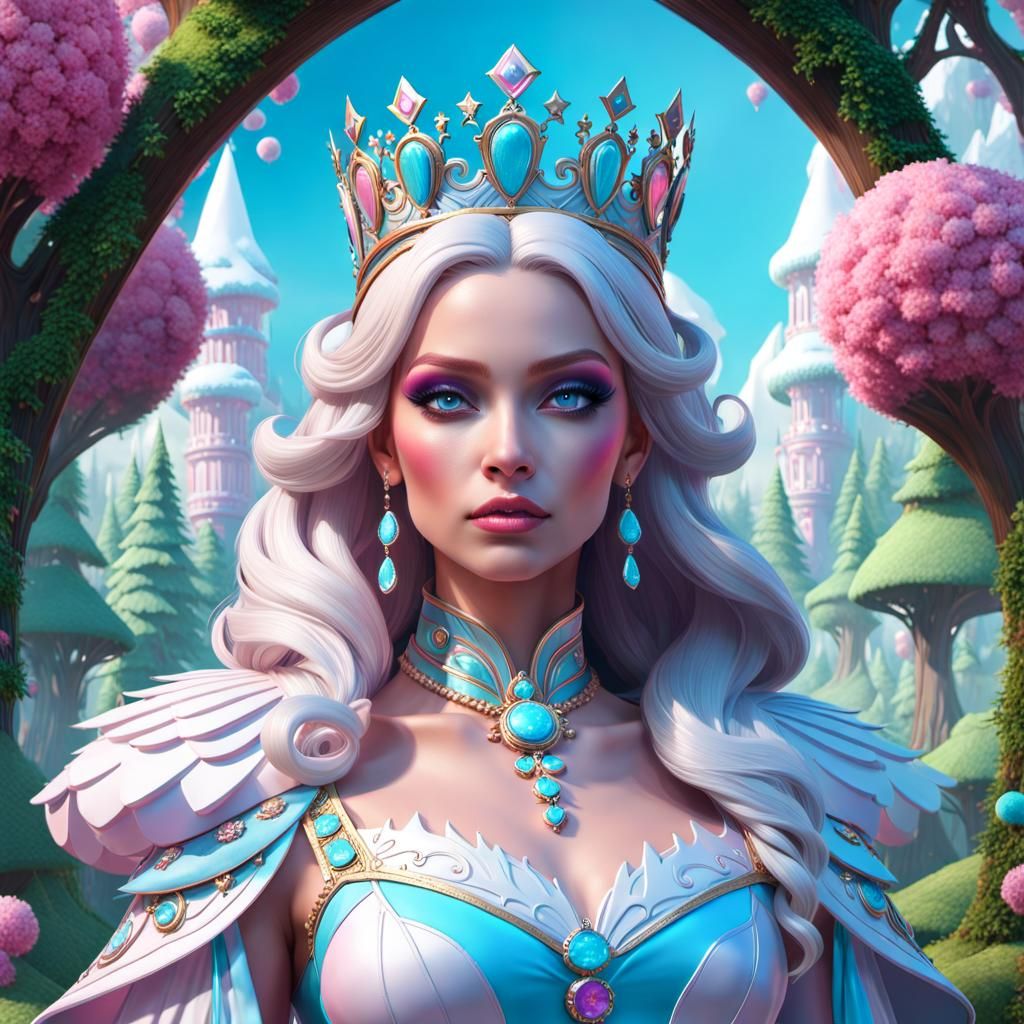 Hyperrealistic Queen Frostine in Candy Forest