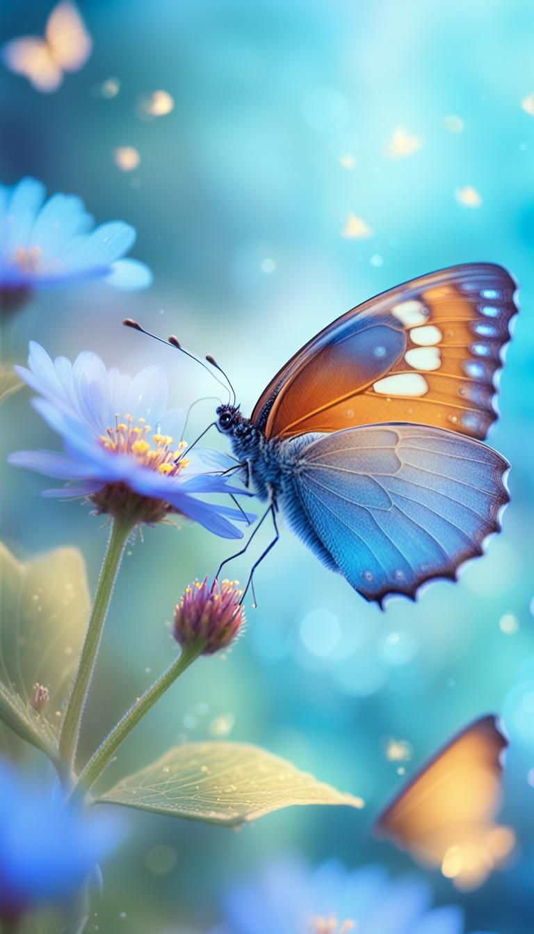 Butterfly on Blue Flower in Whimsical Digital Art