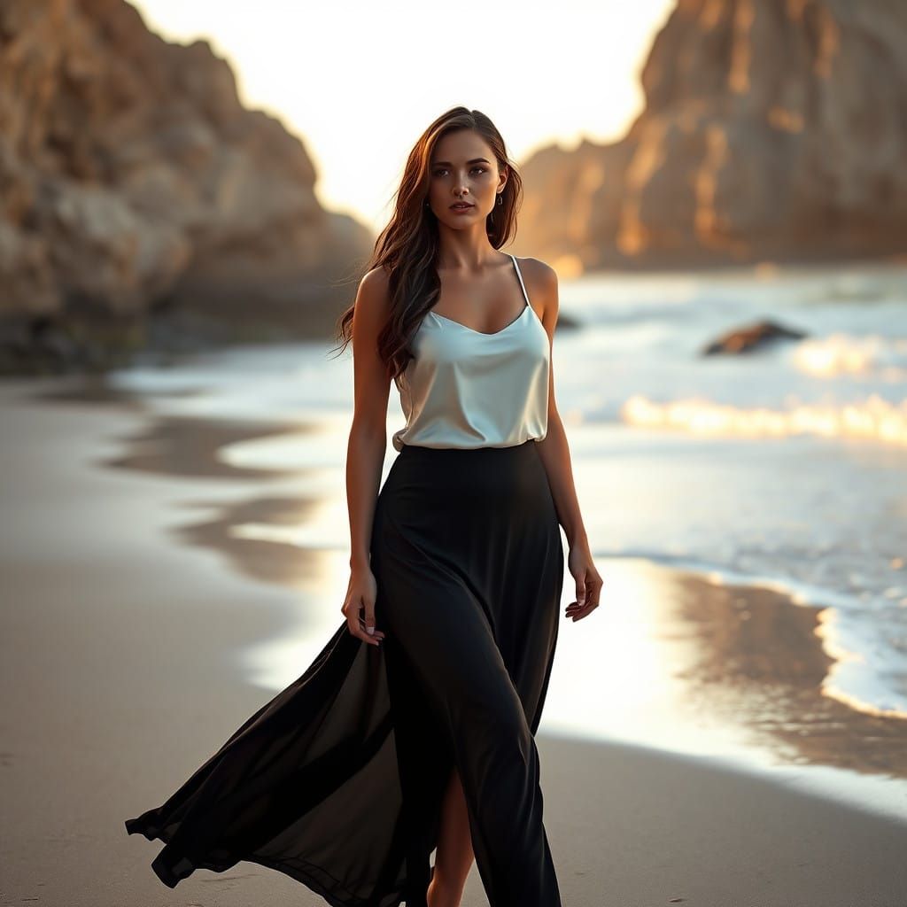 Elegant Woman Walks Along Sandy Shore at Golden Hour