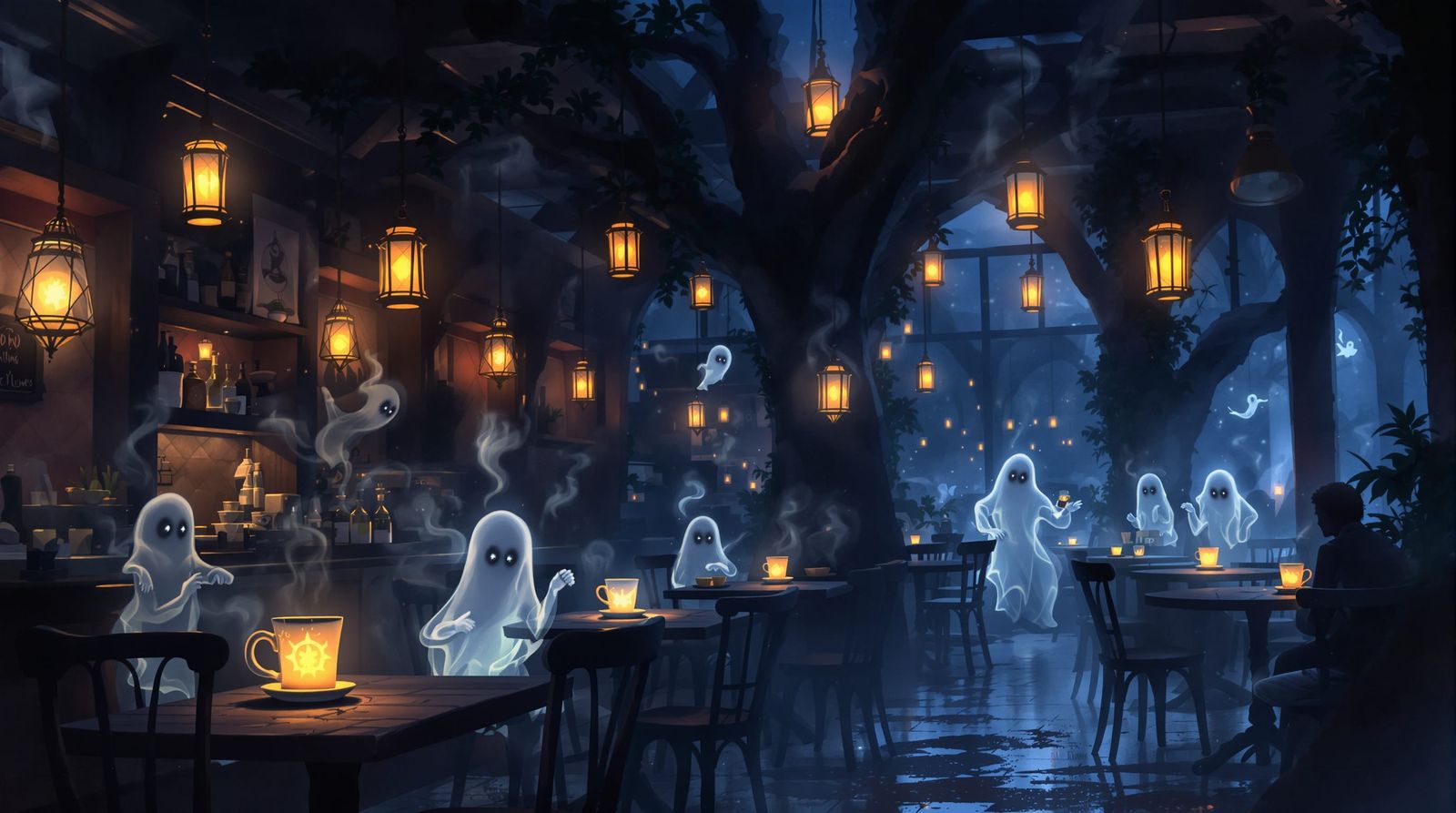 Magical Glowing Mugs in Dimly Lit Cafe