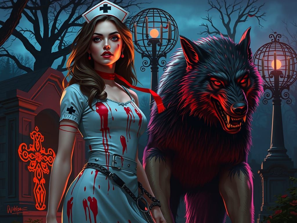 Evil Nurse and Werewolf in Spooky Cemetery at Twilight