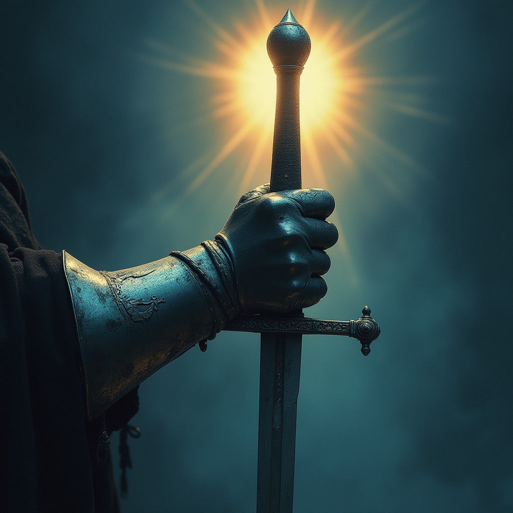 Knight's Hand on Sword Hilt in Golden Light