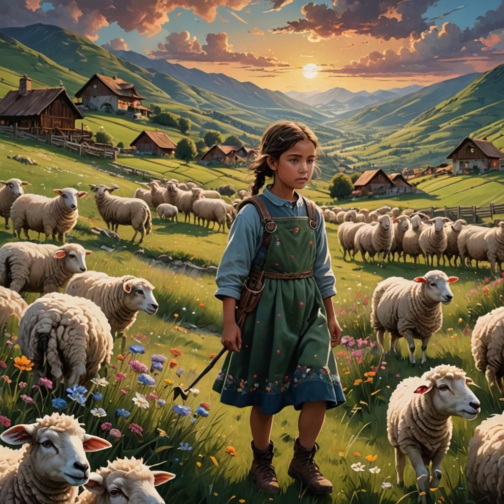 Hyperrealistic Mountain Valley Scene with Girl and Sheep