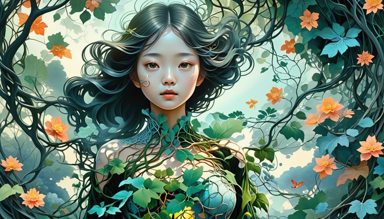 Sunset Human-Vine Hybrid in Warped Forest Perspective