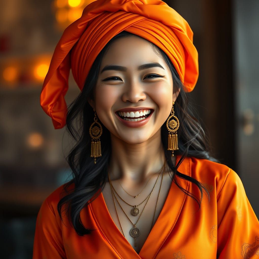 Joyful East Asian Woman in Vibrant Orange, Silk-Like Top, wi...