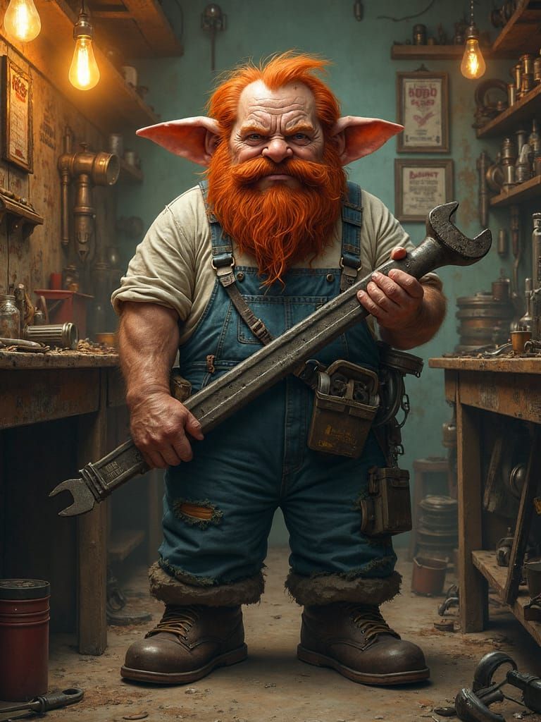Dieselpunk Dwarf Mechanic in Workshop, Hyperrealistic Art